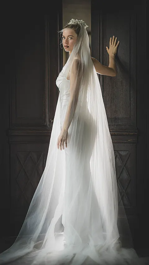Eine Frau im weißen Brautkleid mit Schleier und Diadem steht vor einer dunklen Holztür.