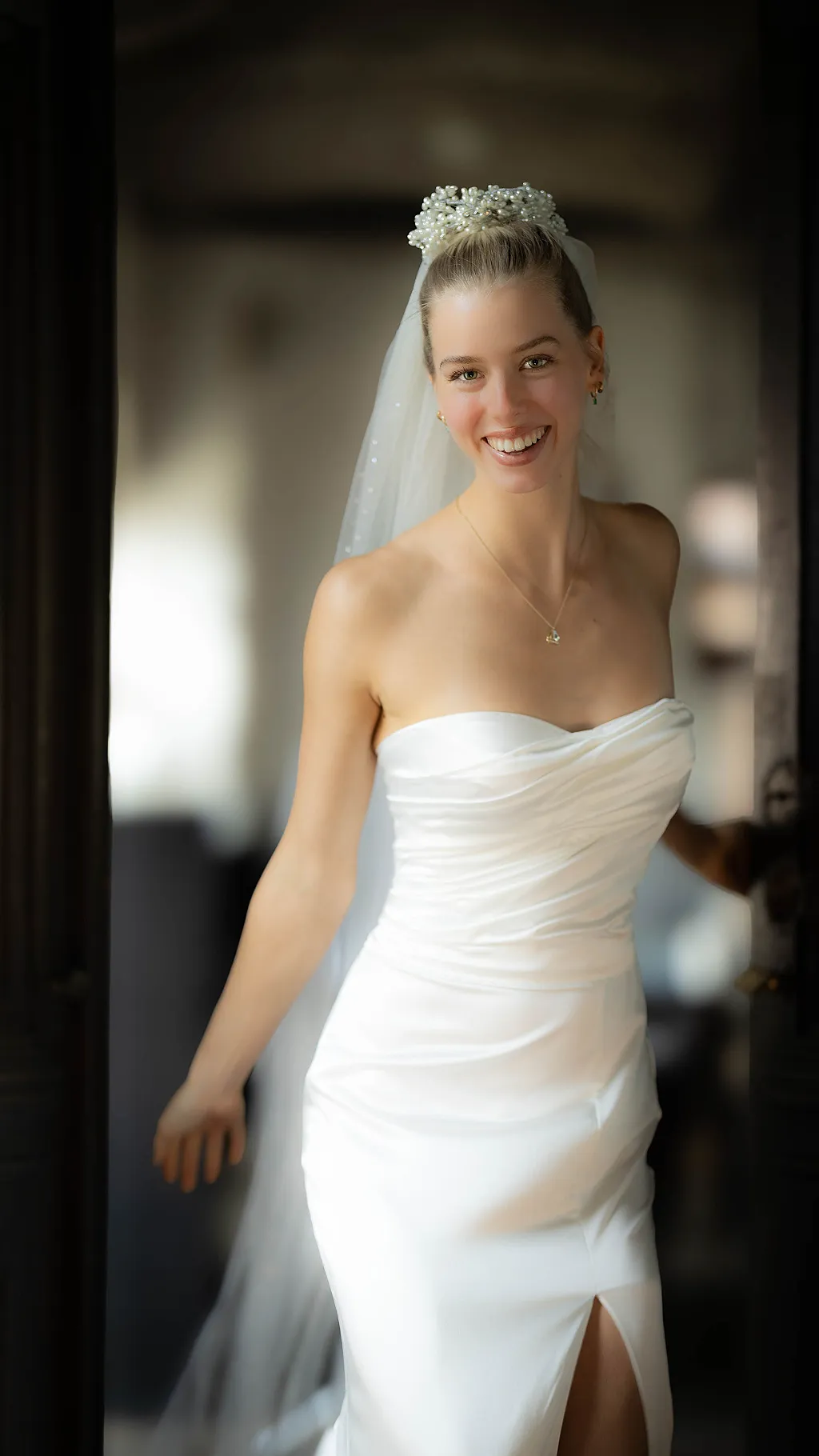 Eine lächelnde Braut in einem trägerlosen Hochzeitskleid mit einer Perlenkrone und Schleier im Türrahmen stehend.