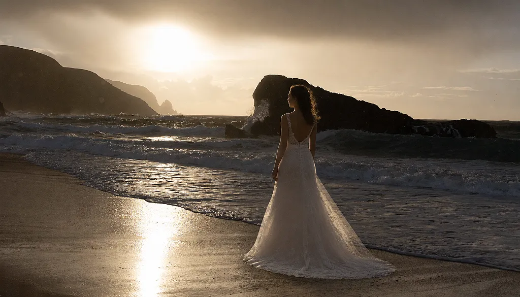 Braut im Hochzeitskleid steht bei Sonnenuntergang am Strand mit Wellen und Felsen im Hintergrund.