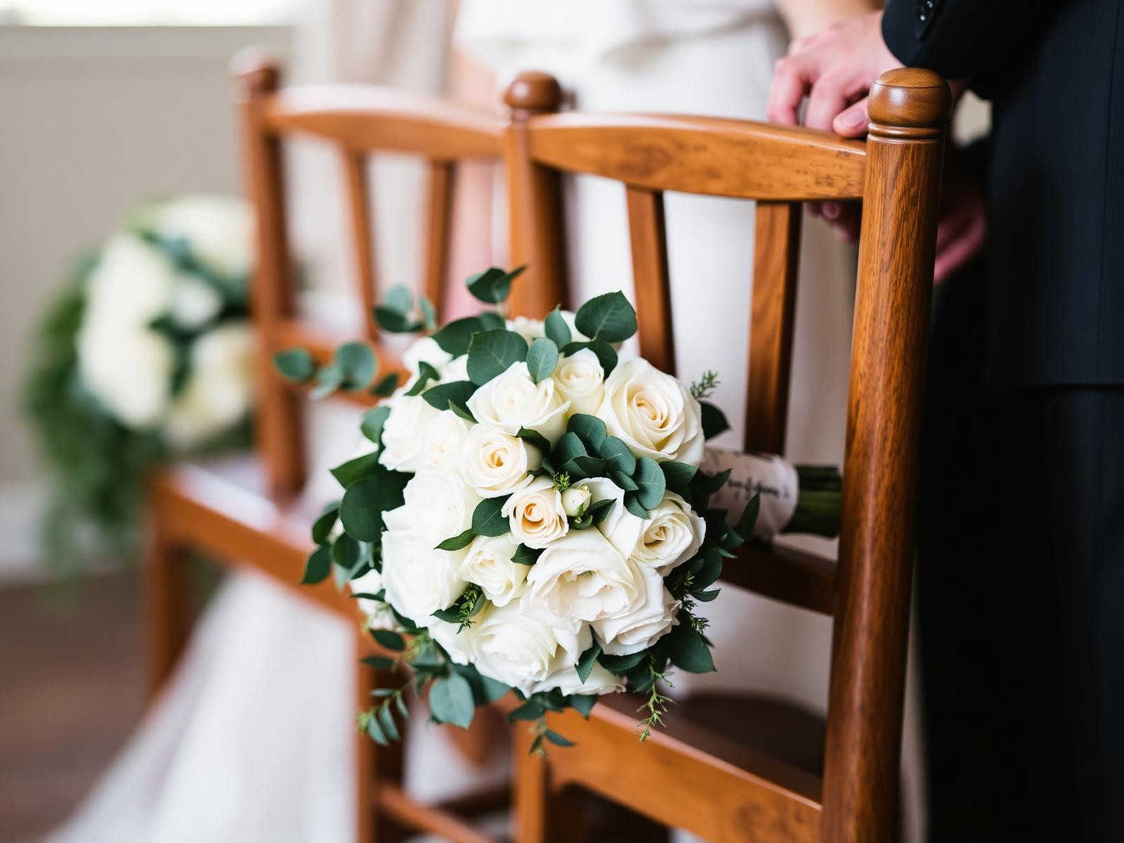 Brautstrauß aus weißen Rosen und Eukalyptus