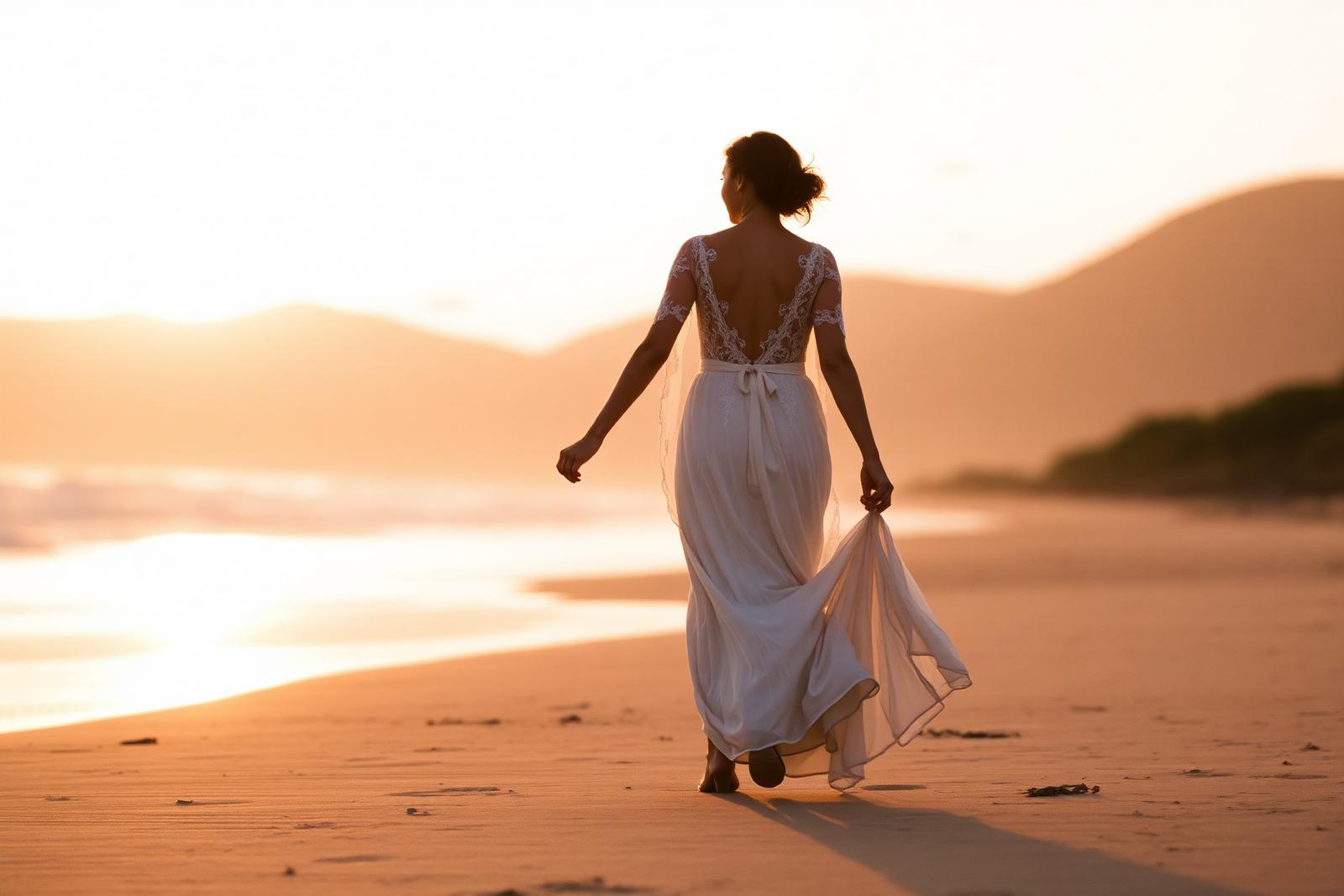 Braut am Strand im Abendlicht