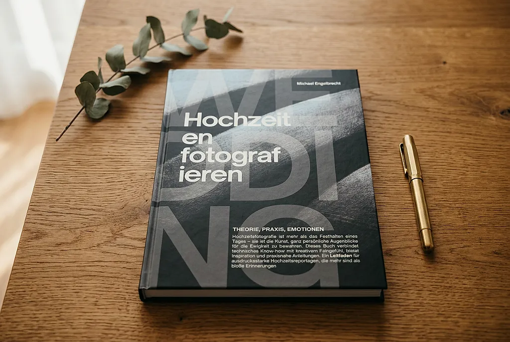 Hochzeitsbuch 'Hochzeiten fotografieren' auf einem Holztisch